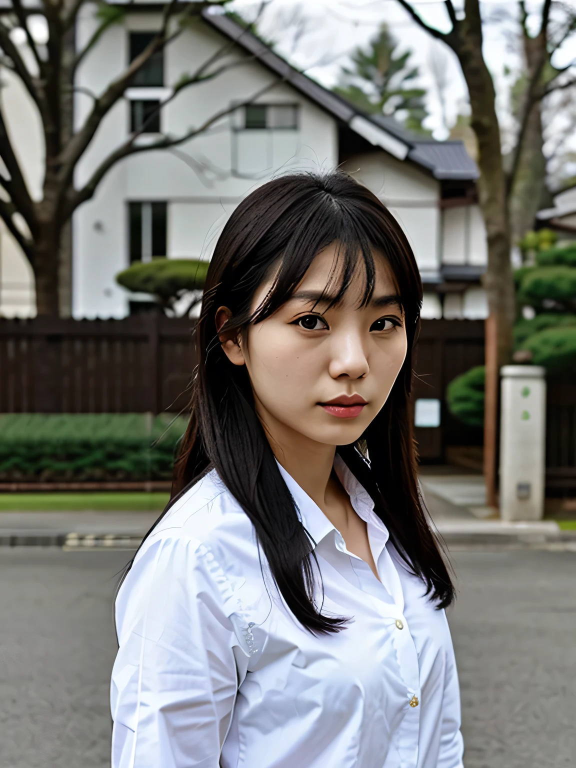 Front profile picture, Japanese woman, 25 years old, black hair, smart dress shirt