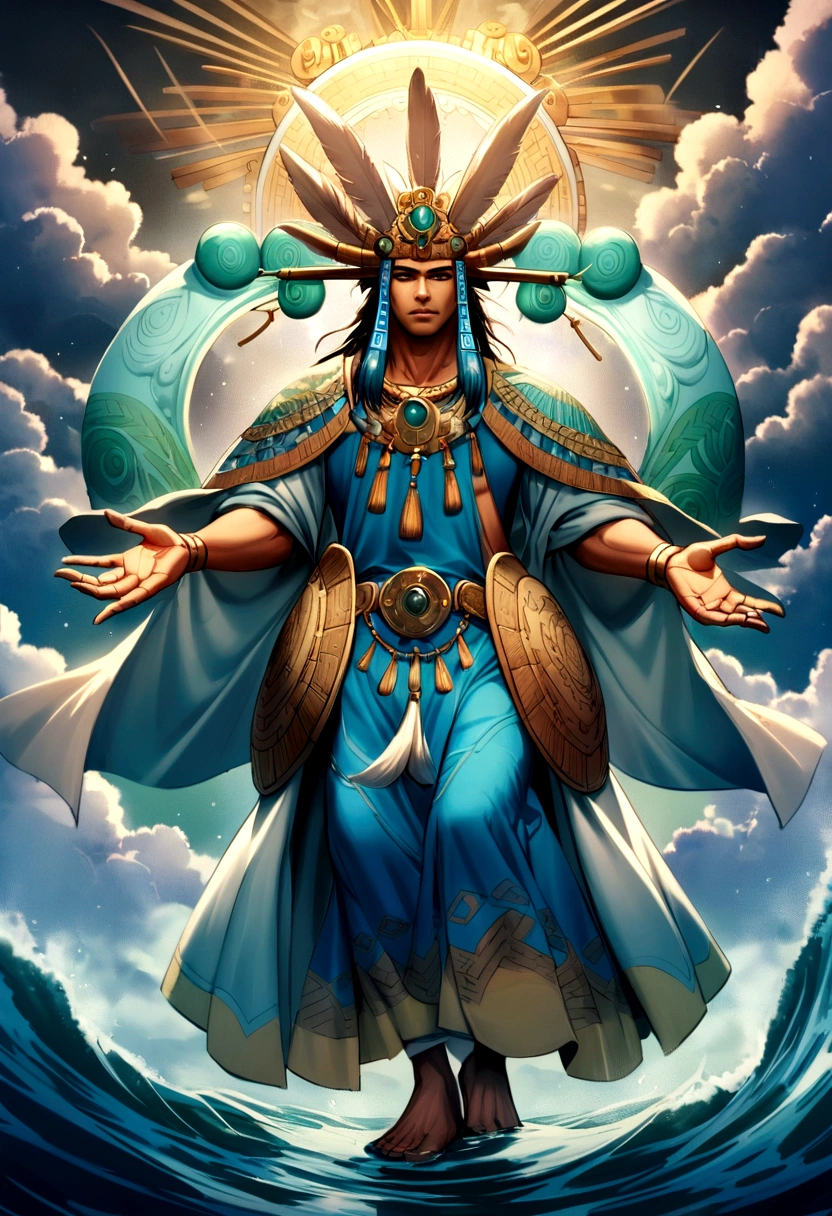 Tlaloc, the Aztec god of rain and fertility, is depicted in a majestic form that embodies the life-giving forces of nature. Adorned in robes of azure blue, intricately embroidered with patterns of swirling clouds and cascading waterfalls, he exudes an aura of serene power. His skin glistens with the sheen of fresh raindrops, reflecting his domain over storms and water.

Tlaloc's eyes, deep and contemplative like the depths of a tranquil lake, radiate a gentle yet commanding presence. His headdress is adorned with sacred feathers and precious gems that shimmer with the colors of the rainbow, symbolizing his role as a bringer of fertility and abundance. Around his neck hangs a necklace of jade beads, representing the earth's bounty and the cycle of renewal.

In his hands, Tlaloc holds a scepter carved from jade and adorned with symbols of maize and flowing rivers, signifying his connection to agriculture and prosperity. His feet rest upon clouds that drift across the sky, echoing his ability to shape the weather and nurture the land. Tlaloc moves with a fluid grace, embodying the harmonious balance between the nurturing rains and the power of the natural world in Aztec mythology