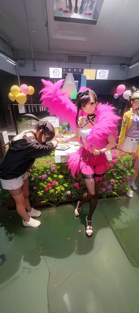 Masterpiece, Best quality, cute female , hair adornments, Crop top, Short shorts, Pantyhose, leg belt, ribbon_choker necklace,