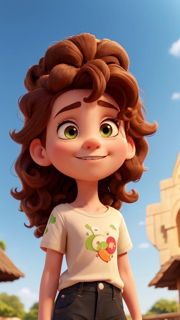 Create a Disney pixar style image.

### Detailed Description:

#### first-person (To the left):
- **body hair**: The first person has long, curly reddish-brown hair., almost redheads. Curls are well defined and voluminous, falling to his shoulders.
- **muka**: The face is oval, with delicate and well-defined strokes. The skin is clear and without visible marks.
- **eyeballs**: The eyes are big and brown, with thin, arched eyebrows that complement the shape of the face well.
- **nase**: The nose is small and delicate, proportional to the face.
- **gura**: The mouth is small with thin lips, forming a wide smile that shows white, aligned teeth.
- **vestimentas**: She is wearing a light pink blouse with a small fruit print. (probably peaches) and a light green dress on top, with wide straps and a bow on the left shoulder.

#### second person (on the right):
- **body hair**: The second person has short, curly black hair.. The cut is well defined, with a length slightly longer at the top and shorter on the sides.
- **muka**: The face is more square, with a well-marked jaw. The skin is light brown and also without visible marks. he has a beard and black hair - **eyeballs**: The eyes are medium size and dark brown, with thick, straight eyebrows that give a more serious and expressive look to the face.
- **nase**: The nose is straight and medium in size, proportional to the face.
- **gura**: The mouth is of medium size, with full, well-shaped lips. He's smiling too, showing white, straight teeth.
- **vestimentas**: He is wearing a beige t-shirt with a colorful print of tropical flowers and green foliage., orange and white.

### Additional Observations:
- **Environment and Lighting**: The photo was taken outdoors, probably at dusk, with direct sunlight that highlights the hair and faces of the two people, creating soft shadows and warm lighting.