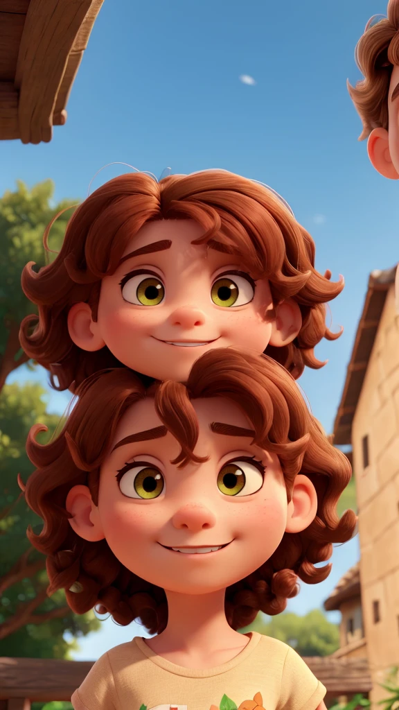Create a Disney pixar style image.
### Detailed Description:
#### first-person (To the left):
- **body hair**: The first person has long, curly reddish-brown hair., almost redheads. Curls are well defined and voluminous, falling to his shoulders.
- **muka**: The face is oval, with delicate and well-defined strokes. The skin is clear and without visible marks.
- **eyeballs**: The eyes are big and brown, with thin, arched eyebrows that complement the shape of the face well.
- **nase**: The nose is small and delicate, proportional to the face.
- **gura**: The mouth is small with thin lips, forming a wide smile that shows white, aligned teeth.
- **vestimentas**: She is wearing a light pink blouse with a small fruit print. (probably peaches) and a light green dress on top, with wide straps and a bow on the left shoulder.
#### second person (on the right):
- **body hair**: The second person has short, curly black hair.. The cut is well defined, with a length slightly longer at the top and shorter on the sides.
- **muka**: The face is more square, with a well-marked jaw. The skin is light brown and also without visible marks. he has a beard and black hair - **eyeballs**: The eyes are medium size and dark brown, with thick, straight eyebrows that give a more serious and expressive look to the face.
- **nase**: The nose is straight and medium in size, proportional to the face.
- **gura**: The mouth is of medium size, with full, well-shaped lips. He's smiling too, showing white, straight teeth.
- **vestimentas**: He is wearing a beige t-shirt with a colorful print of tropical flowers and green foliage., orange and white.
### Additional Observations:
- **Environment and Lighting**: The photo was taken outdoors, probably at dusk, with direct sunlight that highlights the hair and faces of the two people, creating soft shadows and warm lighting.