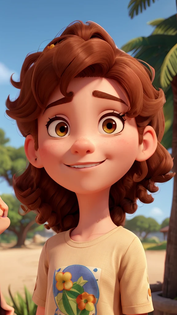 Create a Disney pixar style image.
### Detailed Description:
#### first-person (To the left):
- **body hair**: The first person has long, curly reddish-brown hair., almost redheads. Curls are well defined and voluminous, falling to his shoulders.
- **muka**: The face is oval, with delicate and well-defined strokes. The skin is clear and without visible marks.
- **eyeballs**: The eyes are big and brown, with thin, arched eyebrows that complement the shape of the face well.
- **nase**: The nose is small and delicate, proportional to the face.
- **gura**: The mouth is small with thin lips, forming a wide smile that shows white, aligned teeth.
- **vestimentas**: She is wearing a light pink blouse with a small fruit print. (probably peaches) and a light green dress on top, with wide straps and a bow on the left shoulder.
#### second person (on the right):
- **body hair**: The second person has short, curly black hair.. The cut is well defined, with a length slightly longer at the top and shorter on the sides.
- **muka**: The face is more square, with a well-marked jaw. The skin is light brown and also without visible marks. he has a beard and black hair - **eyeballs**: The eyes are medium size and dark brown, with thick, straight eyebrows that give a more serious and expressive look to the face.
- **nase**: The nose is straight and medium in size, proportional to the face.
- **gura**: The mouth is of medium size, with full, well-shaped lips. He's smiling too, showing white, straight teeth.
- **vestimentas**: He is wearing a beige t-shirt with a colorful print of tropical flowers and green foliage., orange and white.
### Additional Observations:
- **Environment and Lighting**: The photo was taken outdoors, probably at dusk, with direct sunlight that highlights the hair and faces of the two people, creating soft shadows and warm lighting.