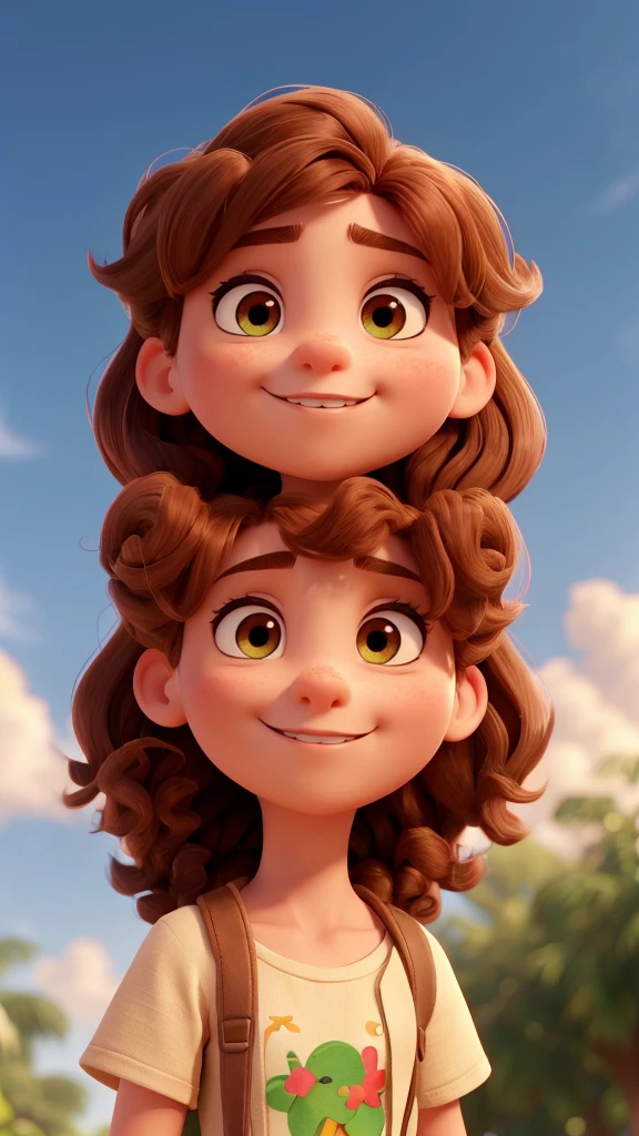 Create a Disney pixar style image.

### Detailed Description:

#### first-person (To the left):
- **body hair**: The first person has long, curly reddish-brown hair., almost redheads. Curls are well defined and voluminous, falling to his shoulders.
- **muka**: The face is oval, with delicate and well-defined strokes. The skin is clear and without visible marks.
- **eyeballs**: The eyes are big and brown, with thin, arched eyebrows that complement the shape of the face well.
- **nase**: The nose is small and delicate, proportional to the face.
- **gura**: The mouth is small with thin lips, forming a wide smile that shows white, aligned teeth.
- **vestimentas**: She is wearing a light pink blouse with a small fruit print. (probably peaches) and a light green dress on top, with wide straps and a bow on the left shoulder.

#### second person (on the right):
- **body hair**: The second person has short, curly black hair.. The cut is well defined, with a length slightly longer at the top and shorter on the sides.
- **muka**: The face is more square, with a well-marked jaw. The skin is light brown and also without visible marks. he has a beard and black hair - **eyeballs**: The eyes are medium size and dark brown, with thick, straight eyebrows that give a more serious and expressive look to the face.
- **nase**: The nose is straight and medium in size, proportional to the face.
- **gura**: The mouth is of medium size, with full, well-shaped lips. He's smiling too, showing white, straight teeth.
- **vestimentas**: He is wearing a beige t-shirt with a colorful print of tropical flowers and green foliage., orange and white.

### Additional Observations:
- **Environment and Lighting**: The photo was taken outdoors, probably at dusk, with direct sunlight that highlights the hair and faces of the two people, creating soft shadows and warm lighting.