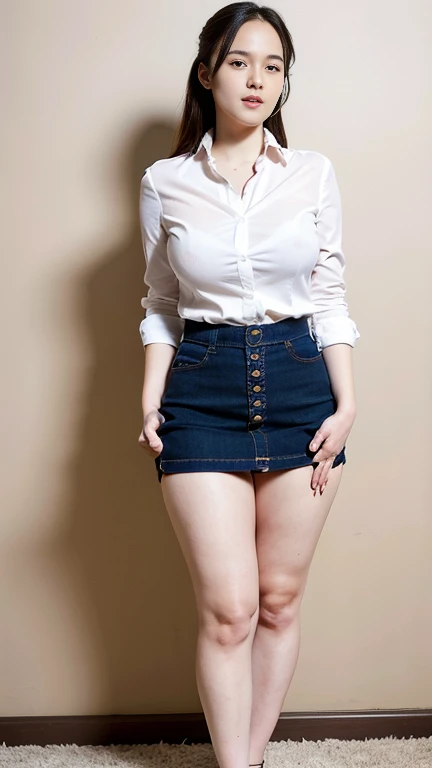 a pretty woman, dressed in white shirt, no skirt, no panty, unbutton, big breast, full body portrait, long legs, nice perfect face with perfect face, hyper realistic concept, 8k resolution, photography quality, naughty posing for a photo, photo realistic,