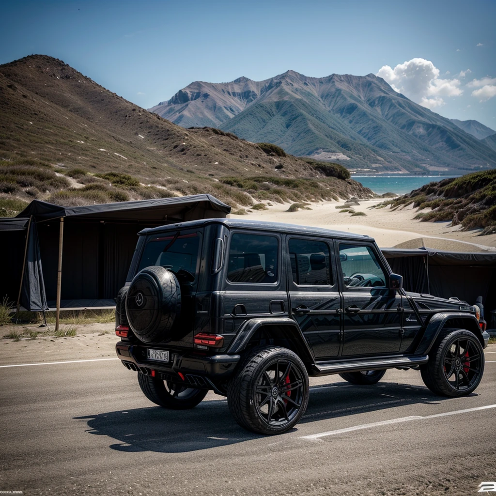 men, elite, muscular, brotherhood, Black Brabus, Brabus G Wagon, Mercedes, Ideal for short drives to the beach, embodying luxury and performance, Taking my elite team from a to b, surfboards in the background, (brotherhood, group of elite men) muscular, sporty, rich, luxury, beach, sun, fitness,