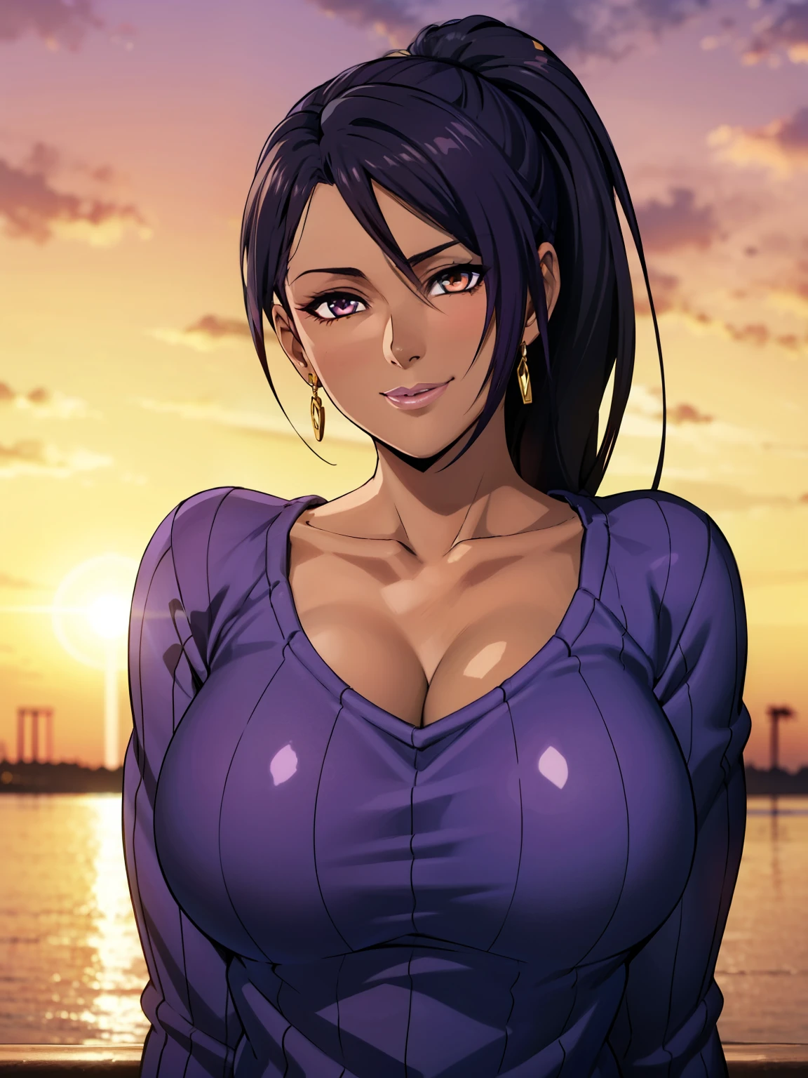 Long Hair,Purple Hair,ponytail, (Hair on one eye:0.8), (Dark Skinned female:1.2), (Dark Skin:1.1),Big Breasts,sweater,Shiny skin,Erotic Smile,Purple Lip