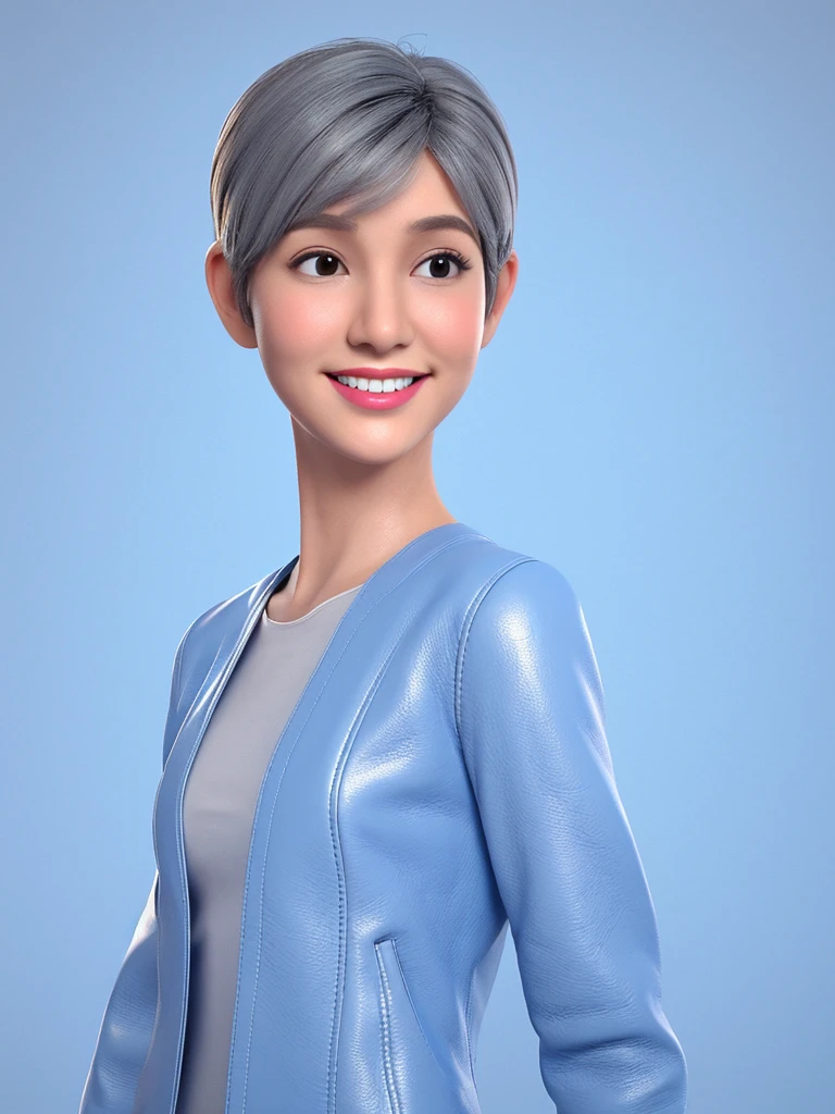 Create a 3D animation of a cartoon caricature with a big head. Full body. A 40 year old Indonesian woman. wearing long hijab, pitch colour and pixie cut. Thin face with fine lines, thick and neat black eyebrows, small narrow eyes, a small aquiline nose, and thin lips with a wide and friendly smile. She is wearing a light gray leather jacket over a white t-shirt. Gradient blue background with professional lighting. Masterpiece, best quality, highly detailed skin and face, very realistic, high definition, studio lighting, sharp focus, Concept Art, 3D render.