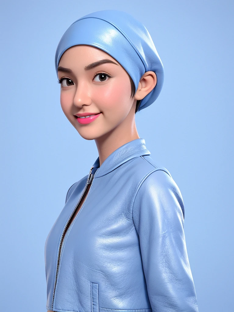 Create a 3D animation of a cartoon caricature with a big head. Full body. A 40 year old Indonesian woman. wearing long hijab, pitch colour and pixie cut. Her face is oval with fine lines, thick and neat black eyebrows, small narrow eyes, a small aquiline nose, and thin lips with a wide and friendly smile. She is wearing a light gray leather jacket over a white t-shirt. Gradient blue background with professional lighting. Masterpiece, best quality, highly detailed skin and face, very realistic, high definition, studio lighting, sharp focus, Concept Art, 3D render.