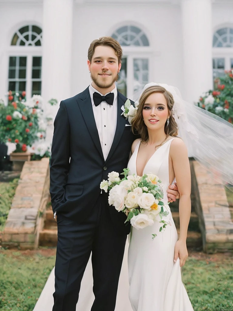 Disney pixar style bride and groom posing for a photo in front of a white house, bride and groom, white suit and black, an elegant couple, couple portrait, wearing a white tuxedo, couples portrait, wearing tuxedo