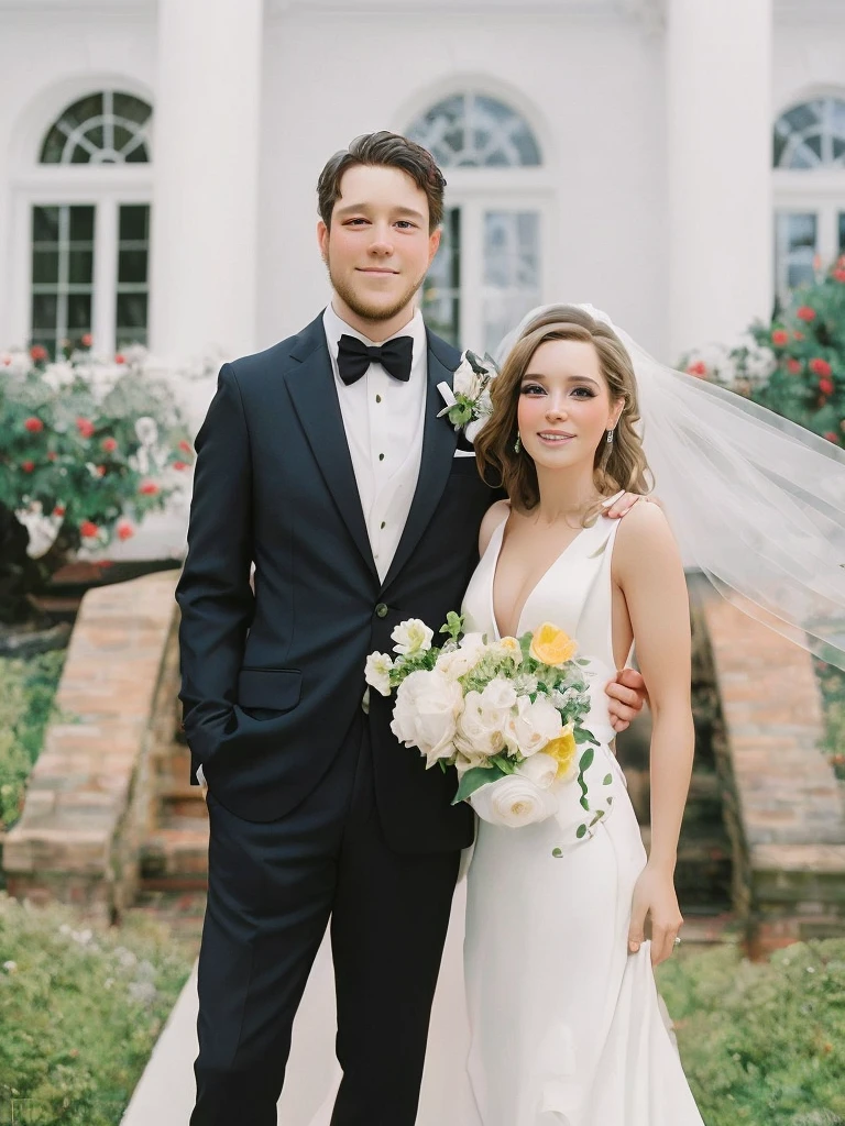 Disney pixar style bride and groom posing for a photo in front of a white house, bride and groom, white suit and black, an elegant couple, couple portrait, wearing a white tuxedo, couples portrait, wearing tuxedo