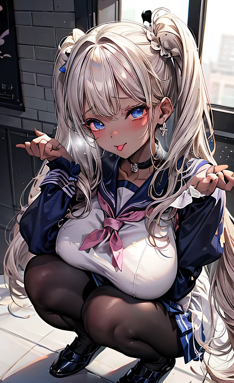 (masterpiece:1.2、Highest quality、Tmasterpiece)、(1 female)、alone、classroom、Day、(Squat:1.2)、whole body、beauty、blonde、Twin tails、blue eyes、(Sailor suit:1.4)、(Dark Skin:1.4)、break、Big Breasts、Long sleeve、Earrings、lipstick、(pantyhose:1.2)、weaty、choker、blush、Covered breasts、Bangs braids、(Thick lips:1.2)、((Stick out your tongue:1.1)),(Spit drips:1.2)、(Pet poses)