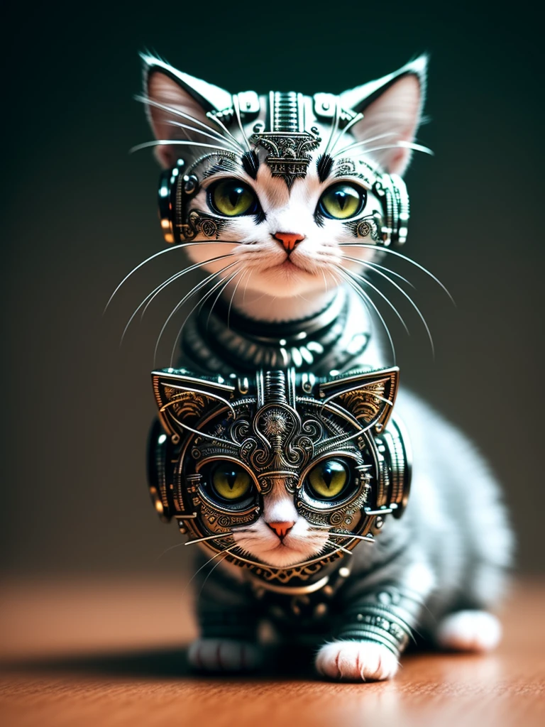 a cute kitten made out of metal, (cyborg:1.1), ([tail | detailed wire]:1.3), (intricate details), hdr, (intricate details, hyperdetailed:1.2), cinematic shot, Vignette, centered