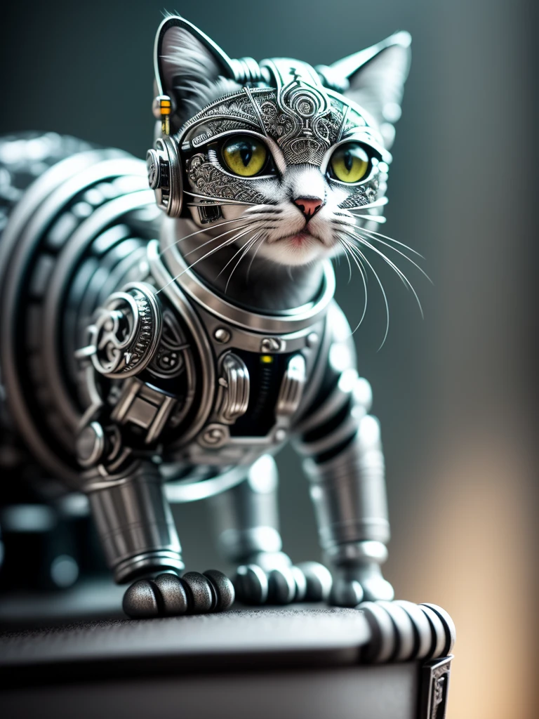a cute kitten made out of metal, (cyborg:1.1), ([tail | detailed wire]:1.3), (intricate details), hdr, (intricate details, hyperdetailed:1.2), cinematic shot, Vignette, centered