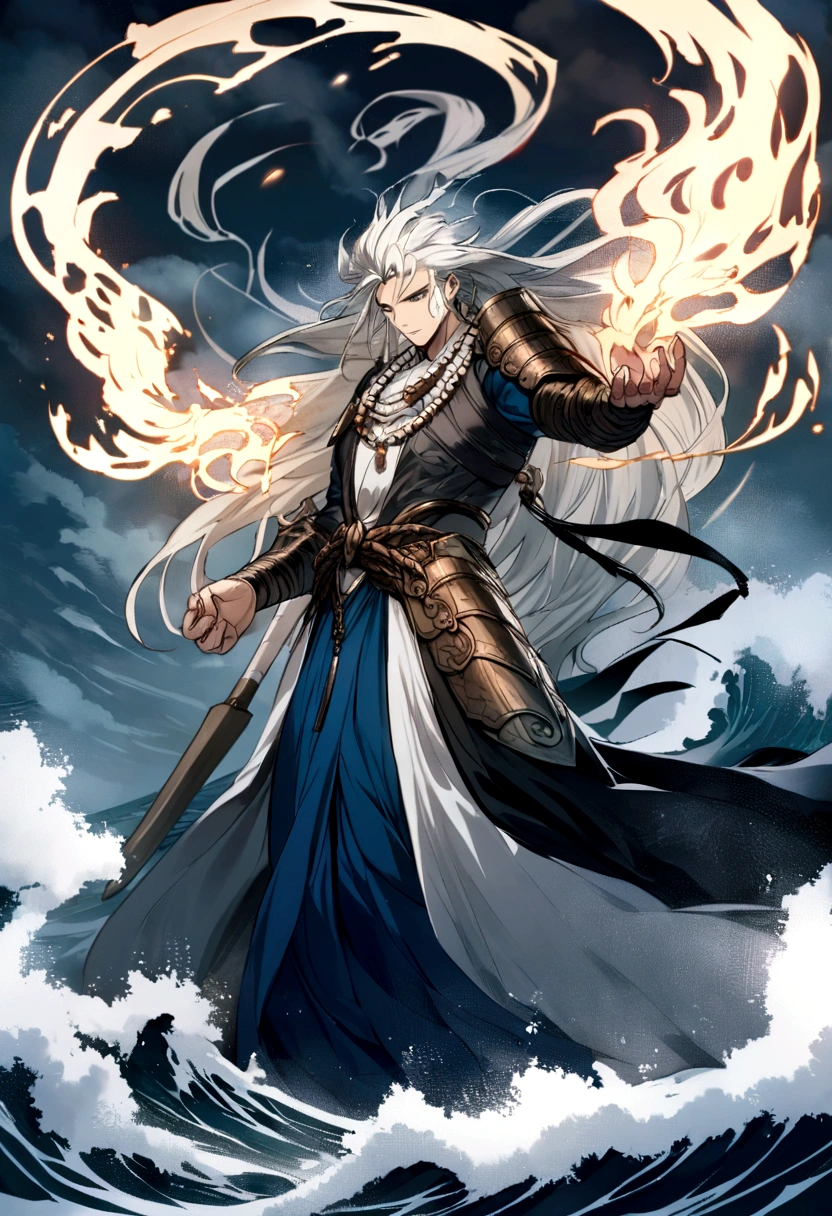 Susanoo, the tempestuous storm god of Japanese mythology, appears as a formidable and dynamic figure embodying the power of the raging sea and fierce winds. Clad in armor crafted from storm-cloud gray scales that glint with a metallic sheen, he exudes an aura of unrestrained energy and primal force. His long, flowing robes billow like ocean waves, adorned with motifs of crashing thunder and swirling clouds.
Susanoo's eyes, a piercing shade of azure, reflect the ever-changing moods of the stormy seas, conveying both wild unpredictability and intense focus. His hair, the color of storm-tossed waves, cascades freely around his face, adorned with intricate ornaments of sea shells and pearls. Around his neck, he wears a necklace of coral and seashells, symbols of his affinity with the depths of the ocean and its creatures.
In his hands, Susanoo wields a majestic sword called Ame no Murakumo no Tsurugi, the "Sword of the Gathering Clouds of Heaven," which crackles with electrical energy and resonates with the power of thunderstorms. His stance is dynamic and poised, ready to unleash the fury of the storm upon any who challenge him. Susanoo moves with the grace of a dancer and the ferocity of a tempest, embodying both the destructive power and the life-giving force of nature in Japanese mythology.