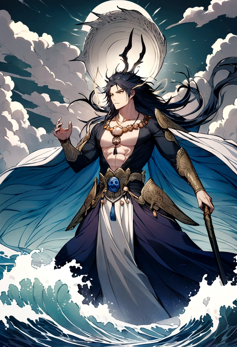 um jovem em pose real e poderosa. O personagem fica em meio a cinzas rodopiantes, exuding an aura of strength and authority. With a crown on top of the head, He radiates the confidence of a true king. In one hand, ele segura uma espada reluzente, a symbol of his dexterity and leadership. A crow perches on his outstretched arm, a loyal companion who adds an air of mystery to his character. Seus cabelos negros caem pelos ombros, framing his determined and intense expression. His piercing green eyes are filled with a mixture of determination and wisdom. O estilo de arte deve capturar sua natureza, mantendo um ar de realeza e poder.