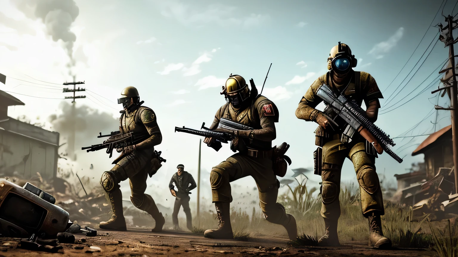 fallout, indonesia theme, post-apocalyptic, jakarta, nation, identic, vernacular, authentic, realistic, indonesia, fallout 4 style, a group of indonesian soldier gunfight with super mutant, detailed