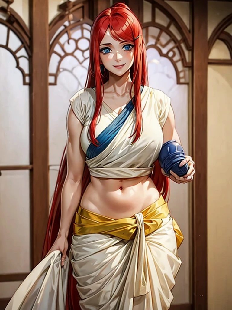 Uzumaki_kushina,Blue eyes, ,bangs,red hair ribbon, ponytail,
1 girl, 20yo,Young female,Beautiful long legs,Beautiful body,
Beautiful Nose,Beautiful character design, perfect eyes, perfect face,expressive eyes,perfect balance, cleavage,navel,bellybutton
,wearing indian Saree, standing ,  smiling playfully with a mischievous glint in her eyes. She looks up at the viewer, her arms raised as if she has just finished adjusting her clothes. The light casts a warm glow on her skin, highlighting her toned physique.  