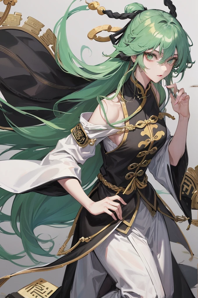 Masterpiece, Best quality, an Adult female, strong, green eyes, long hair, smoky color hair, resolute eyes, white Taoist Taoist uniform, black accessories, sarashi, one shoulderancient, Chinese mix morden, blank background, remove background