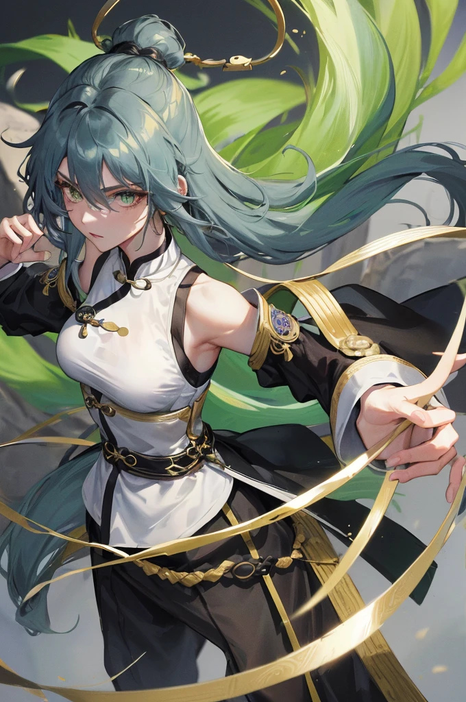 Masterpiece, Best quality, an Adult female, strong, green eyes, long hair, smoky color hair, resolute eyes, white Taoist Taoist uniform, black accessories, sarashi, one shoulderancient, Chinese mix morden, blank background, remove background