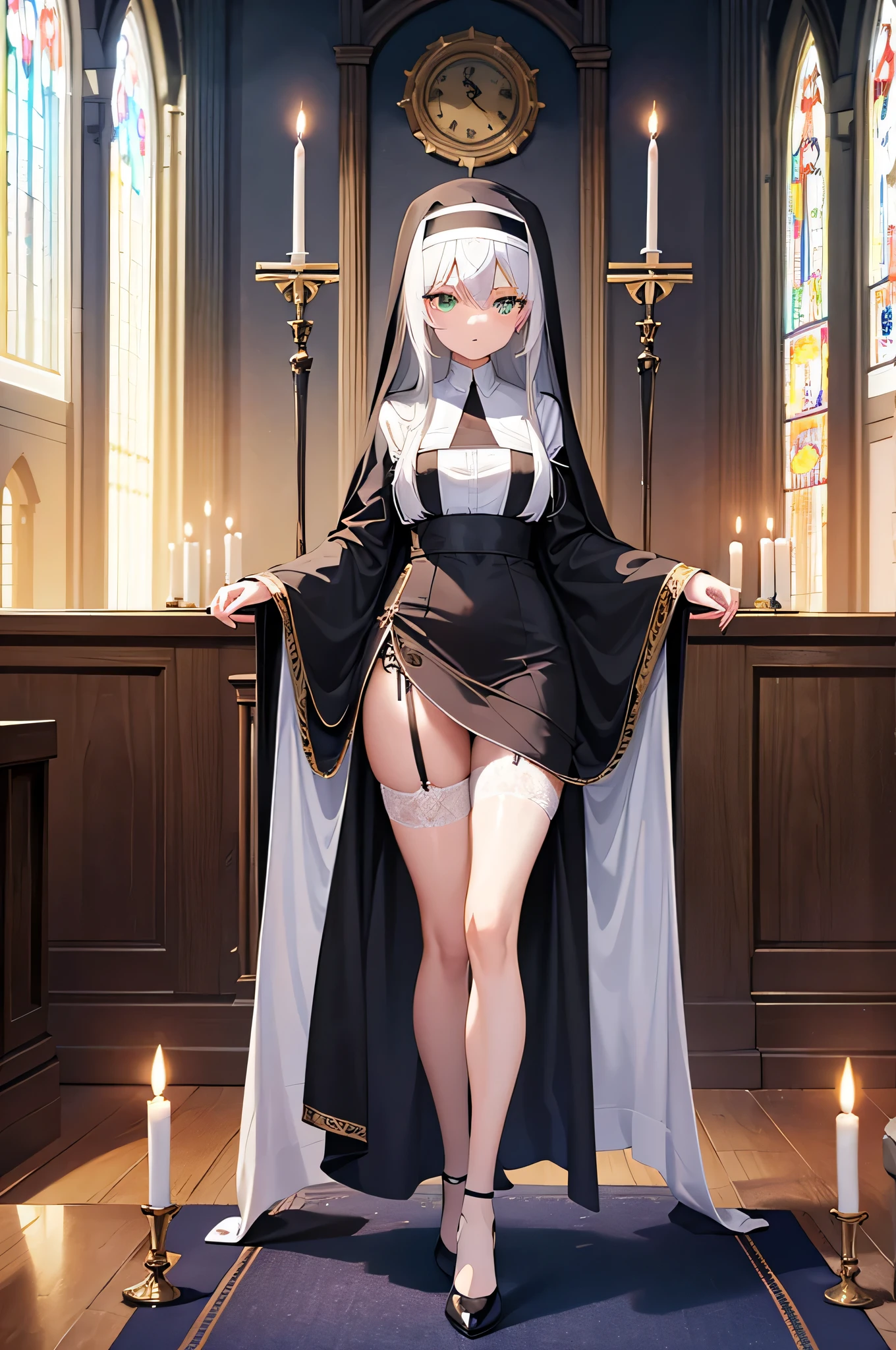 Masterpiece, top quality, best quality, official art, beautiful and aesthetic, anime, 1girl,extremely detailed, colorful, more detailed ((ultra-detailed)), (highly detailed CG illustration),Best Quality, High resolution, Unity 8k Wallpaper, (Illustration:0.8),extra detailed face,deteiled eyes,sharp, Perfect Lighting, extremely details CG, (Perfect hands, Perfect Anatomy), church, benches, icons, candles, dark light, crosses, 1girl, nun,long white hair,big green eyes,long robe,small breast,skinny fit,long legs,stockings,stocking suspenders,thighs,heels,in middle,looking in camera,front shot, upskirt, lace panties.