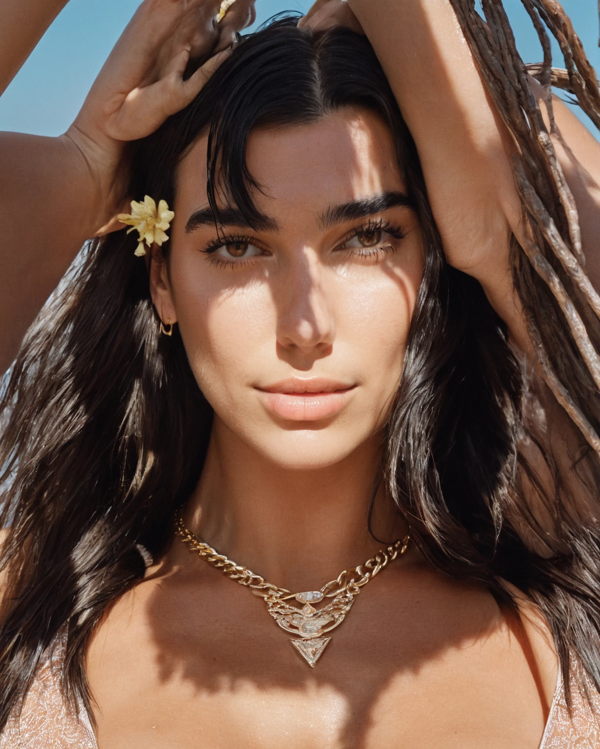 high quality Erotic photo , (gorgeous celebrity , woman, DuaLipa, dua lipa, duxlipa, female, singer, cute, vacation side background , wet atmospheric , random click, random move photograph , photorealistic , celebrity , woman ) shiny breast ,shiny sweaty skin , sexualized move, erotic angles, celebrity erotic photograph , shiny sweaty skin, hollywood actress , fleshy muscular woman , ( correct hands, perfect anatomy ,natural lights, depth of field, detailed face , insanely detailed skin texture, hyper detailed features )