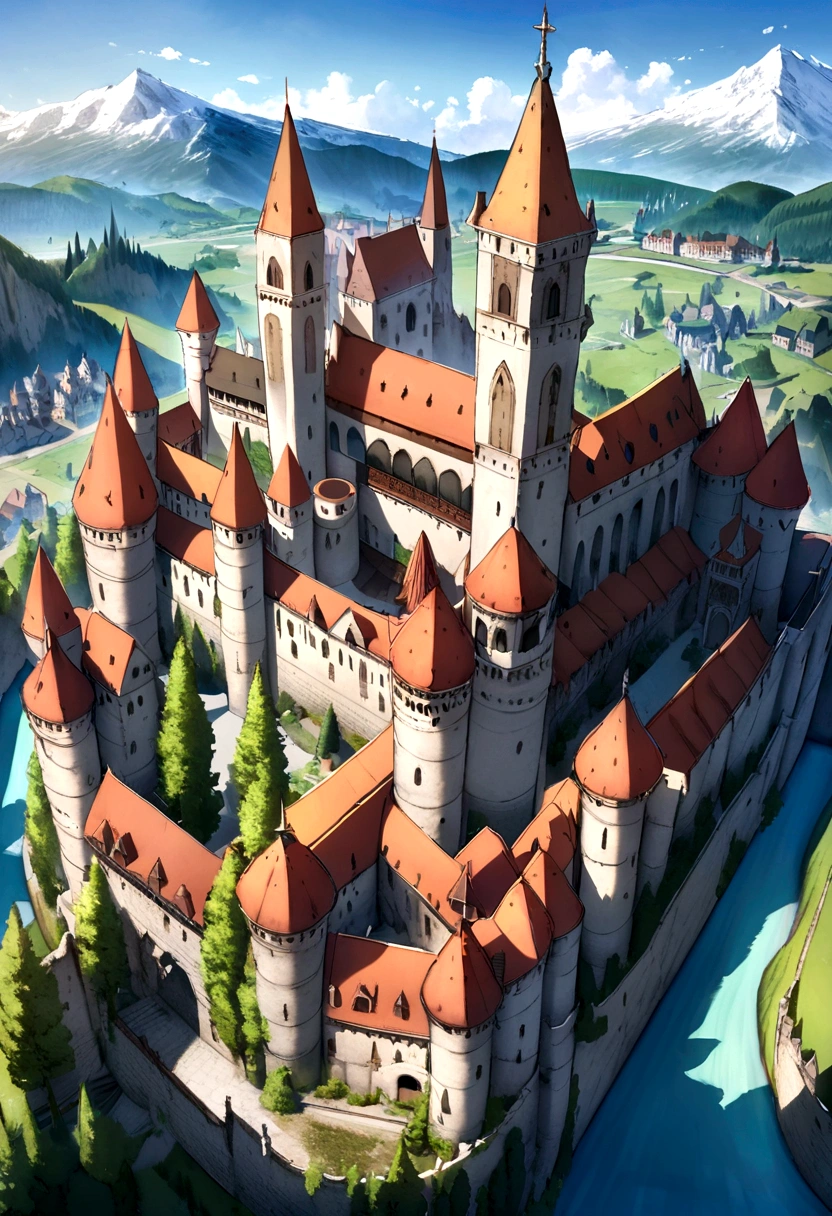Aerial view, medieval fantasy cityscape, huge castle, mountain, forest, buildings,houses, clear blue sky