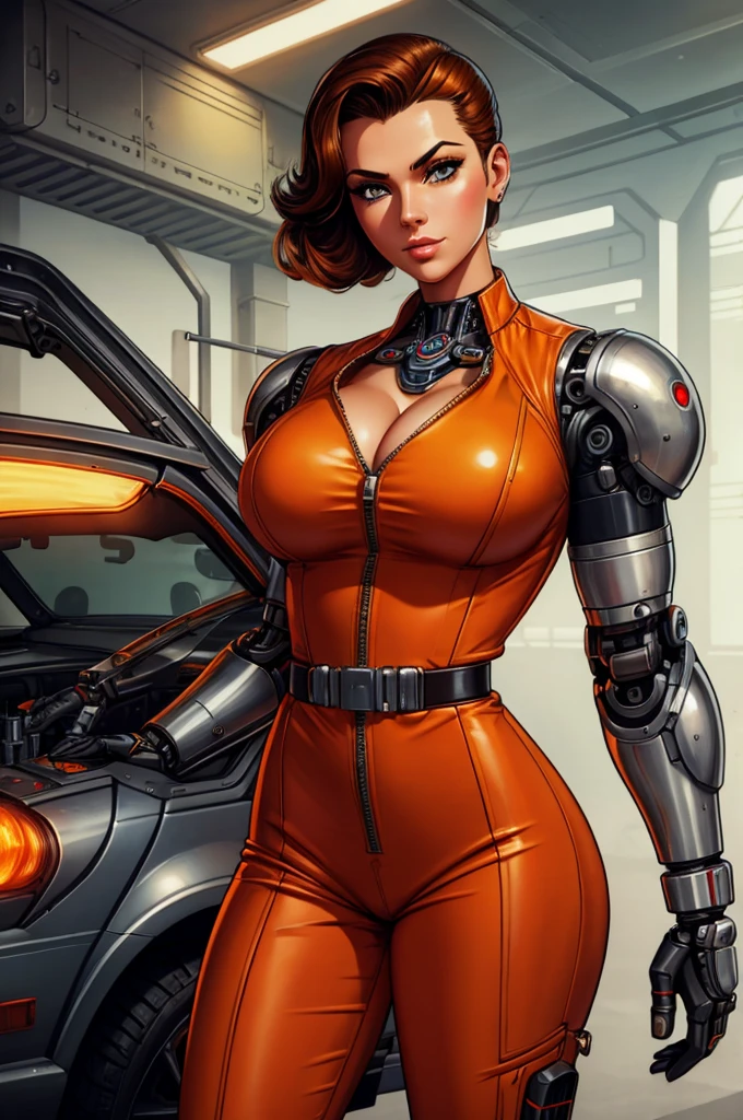 gorgeous mechanic, atompunk, blank background, retro-futurism, mechanical hand, cybernetic augments, unzipped orange jumpsuit, gunmetal grey, cleavage, 