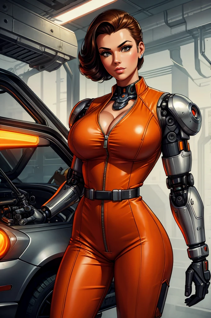 gorgeous mechanic, atompunk, blank background, retro-futurism, mechanical hand, cybernetic augments, unzipped orange jumpsuit, gunmetal grey, cleavage,