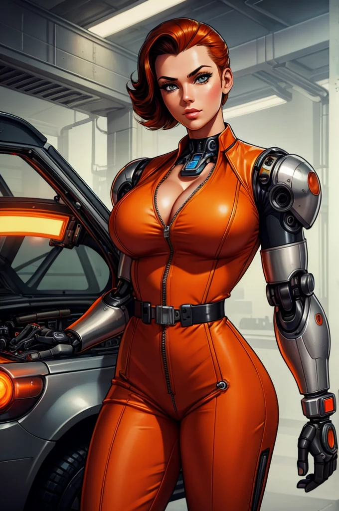 gorgeous mechanic, atompunk, blank background, retro-futurism, mechanical hand, cybernetic augments, unzipped orange jumpsuit, gunmetal grey, cleavage,