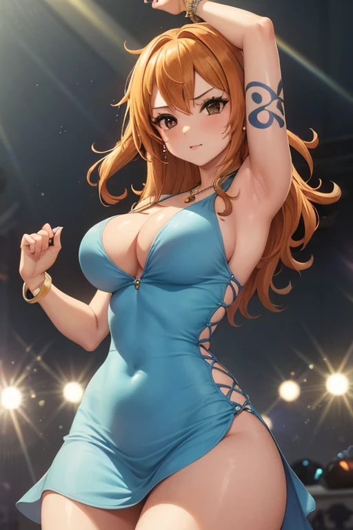 (masterpiece), best quality, expressive eyes, perfect face, front lighting, (inside dance party with light beams and crowd background), (dancing), (seductive look), (cleavage view), (1girl, Nami, 18 years old, orange hair, long hair, wavy hairstyle, brown eyes, hourglass figure, left shoulder tattoo, skinny body, thin body, petite_body, small breasts, wide hips, thick thighs), (light-blue v-neck strap dress, sleeveless, expossed cleavage, jewelry, necklace, bracelets, earrings), 