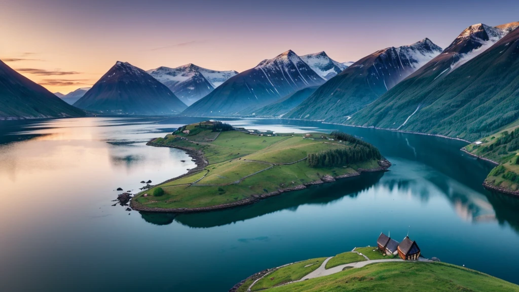 A serene Viking landscape with rolling green hills, a calm fjord, and a majestic mountain in the background. The sky is painted with the soft colors of dawn, reflecting on the still waters of the fjord. A lone Viking longship is anchored near the shore.