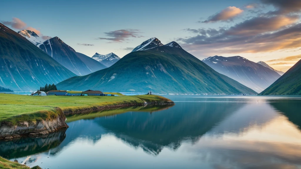 A serene Viking landscape with rolling green hills, a calm fjord, and a majestic mountain in the background. The sky is painted with the soft colors of dawn, reflecting on the still waters of the fjord. A lone Viking longship is anchored near the shore.