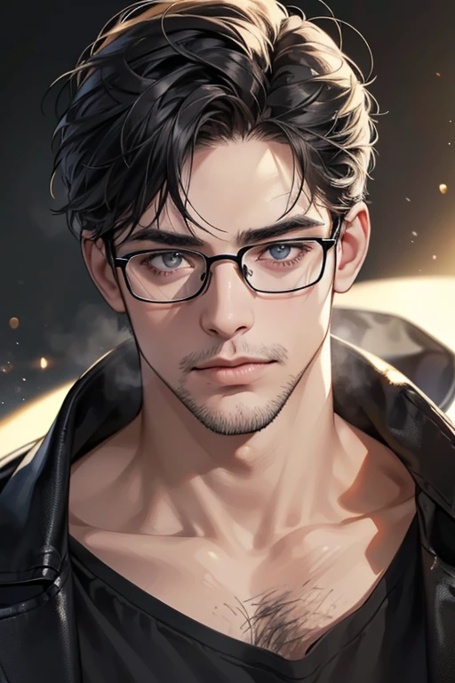 (Best quality,4K,8K,a high resolution,masterpiece:1.2),ultra detailed,(realistic,photorealistic,photo-realistic:1.37),39 year old man,3 day beard,Beautiful anime,portraits,strong,masculine,dark hair,Sharp jawline,Mesmerizing eyes,Perfectly styled hair,cool anime outfit,confident expression,bright colors,dynamic lighting, grey eyes, (black shirt, glasses on face)