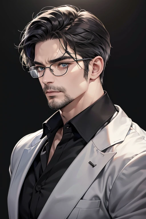 (Best quality,4K,8K,a high resolution,masterpiece:1.2),ultra detailed,(realistic,photorealistic,photo-realistic:1.37),39 year old man,3 day beard,Beautiful anime,portraits,strong,masculine,dark hair,Sharp jawline,Mesmerizing eyes,Perfectly styled hair,cool anime outfit,confident expression,bright colors,dynamic lighting, grey eyes, (black shirt, glasses on face)