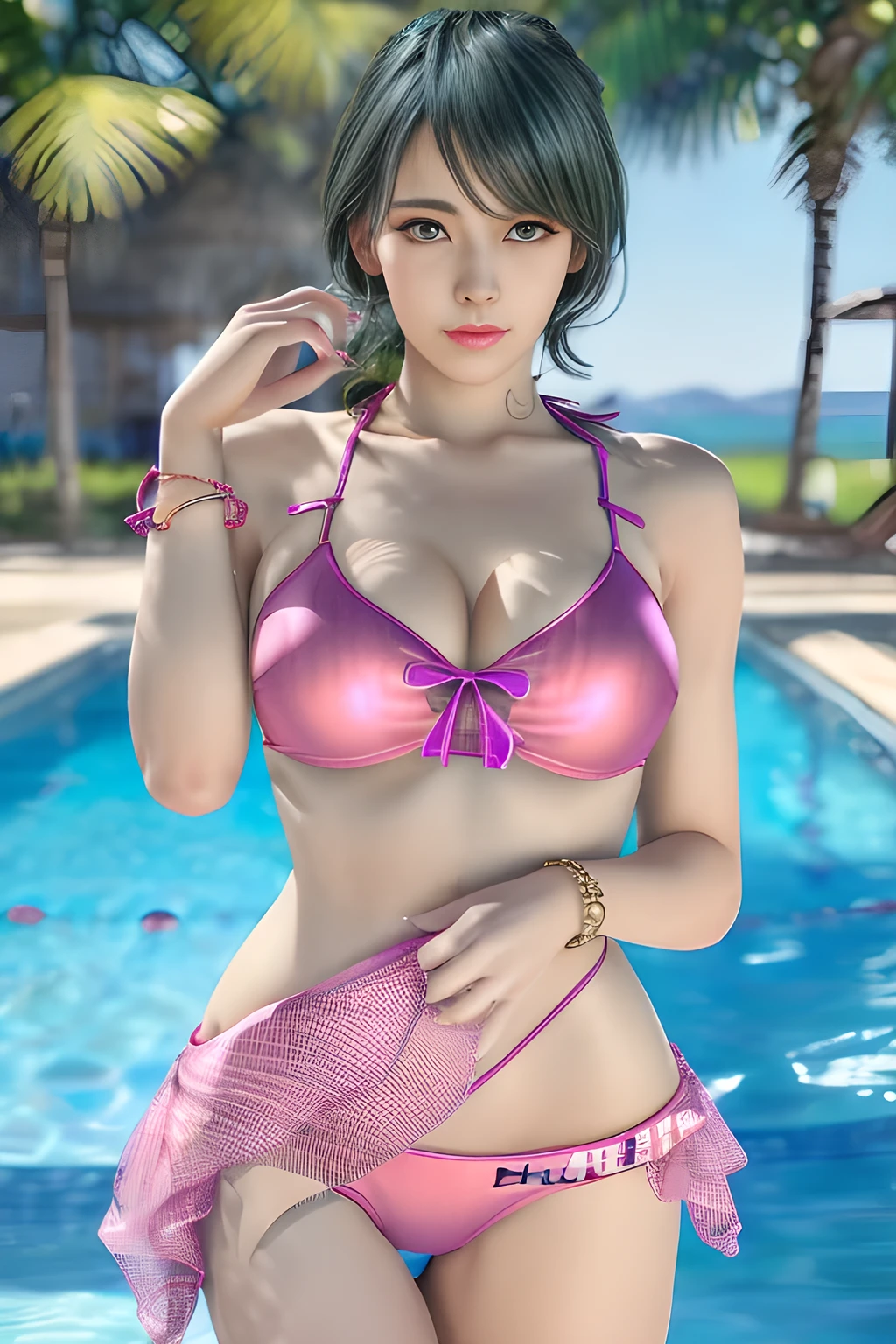 1girl,Wearing a pink bikini, (mesh fabric:1.2), unique and sexy design. (The swimsuit is designed with straps, exposing the waist and chest: 1.4), showing the beautiful curves of the body. Wearing a colorful bracelet, and painting the nails purple. The overall look is full of summer vitality and charm. The background is a swimming pool scene, trees and blue sky make the environment. ,beautiful detailed eyes, beautiful detailed lips, extremely detailed eyes and face, long eyelashes, (best quality,4k,8k,highres,masterpiece:1.2), ultra-detailed, (realistic,photorealistic,photo-realistic:1.37), sharp focus, vivid colors, HDR, studio lighting, physically-based rendering,tamaki