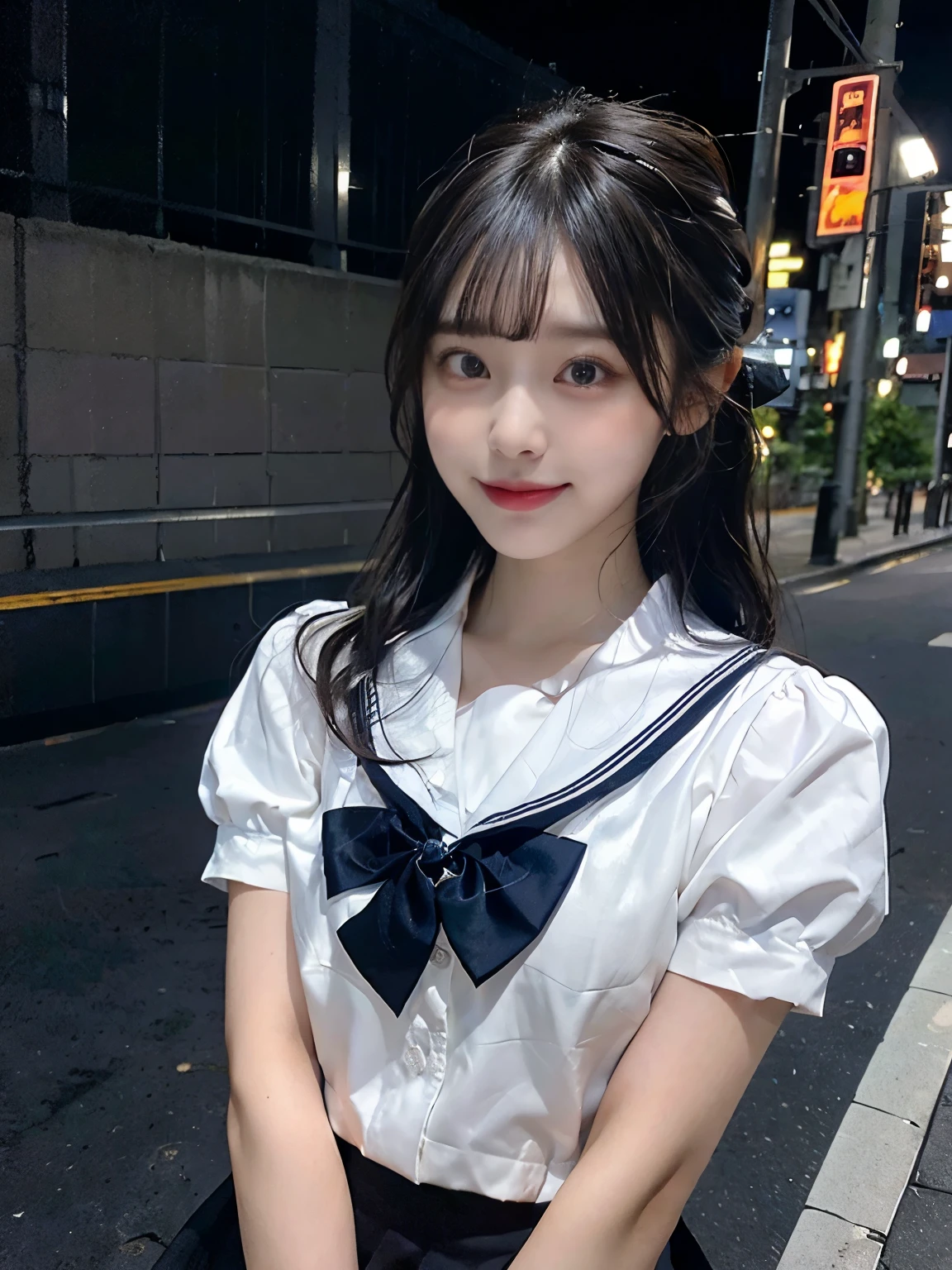 JK_style,short-sleeved JK_shirt,short-sleeved JK_sailor,JK_suit,JK_tie,(8k, RAW photo, best quality, mastery:1.3),(realistic,photo-realistic:1.37),(night),(looking viewer:1.331),(black hair),posing,Tokyo street,nightcityscape,cyberpunk city,soft light, 1girl, extremely beautiful face, bust, hands down, casual hairstyle, smile, big eyes, lower abdomen, (white short sleeves, JK_shirt), JK_style, (navy JK_skirt), (bow JK_tie), mix4, big breasts, full body photo, black small leather shoes