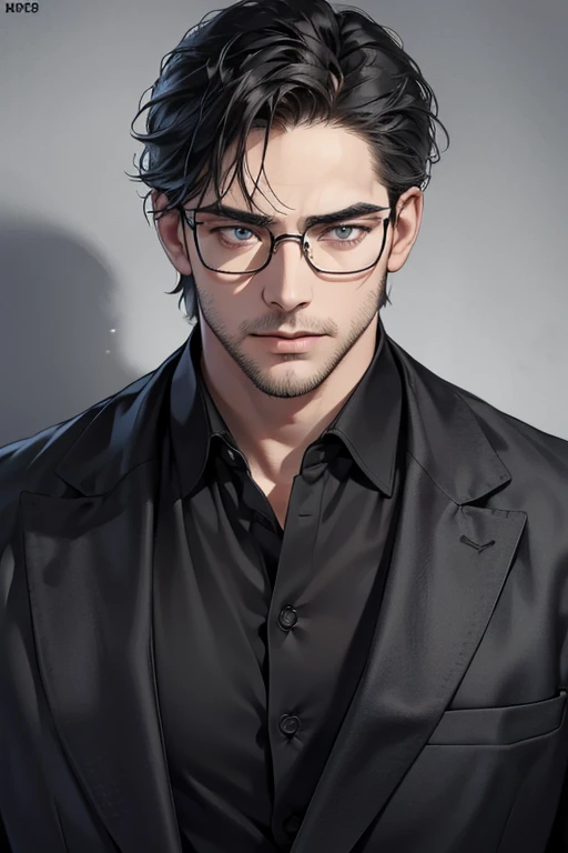 (Best quality,4K,8K,a high resolution,masterpiece:1.2),ultra detailed,(realistic,photorealistic,photo-realistic:1.37),39 year old man,3 day beard,Beautiful anime,portraits,strong,masculine,dark hair,Sharp jawline,Mesmerizing eyes,Perfectly styled hair,cool anime outfit,confident expression,bright colors,dynamic lighting, grey eyes, (black shirt, glasses on face)