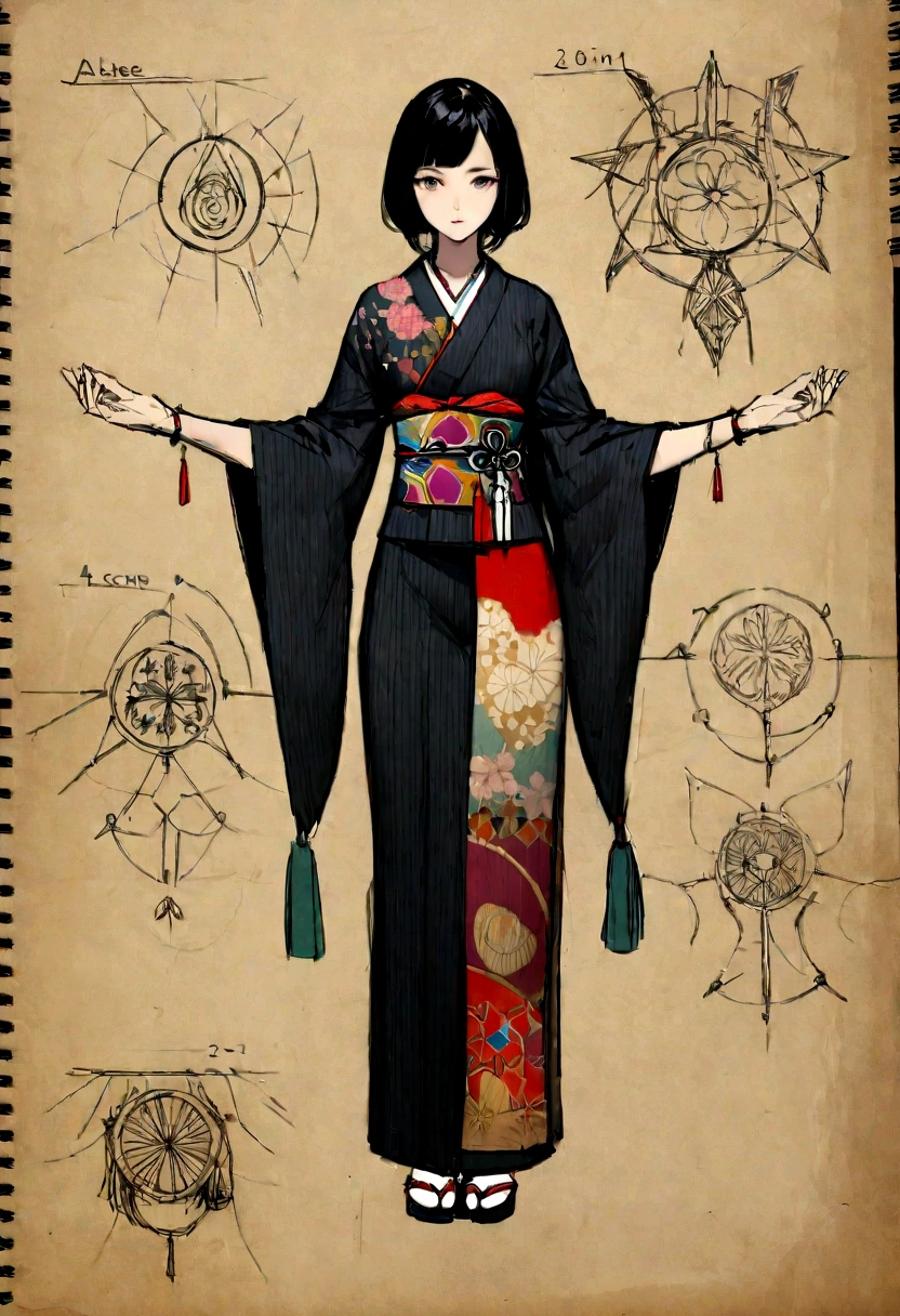 Sketchbook Style, Sketch book, hand drawn, dark, gritty, realistic sketch, Rough sketch, mix of bold dark lines and loose lines, bold lines, on paper, turnaround character sheet, a stunningly beautiful Japanese Woman, slim body, She is wearing traditional Japanese adorned with floral patterns, a backdrop filled with colorful patterns representing ancient symbols and floral motifs, black hair, bangs, Full body, arcane symbols, runes, dark theme, Perfect composition golden ratio, masterpiece, best quality, 4k, sharp focus. Better hand, perfect anatomy