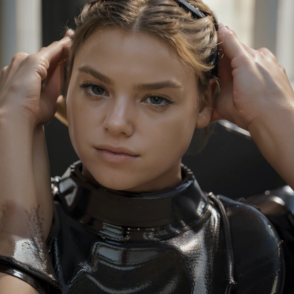 (Masterpiece, best quality, photorealistic, highres, photography, :1.3), close-up shot, sharp focus, (1 girl, hot model), realistic skin, beautiful midriff, slender body shape, big breasts, (side swept short blonde hair, extremely detailed hair), delicate sexy face like Milly Alcock, sensual gaze, ((wearing black pvc turtleneck dress)), pose on knees and hands, ((realistic, super realistic, realism, realistic detail))