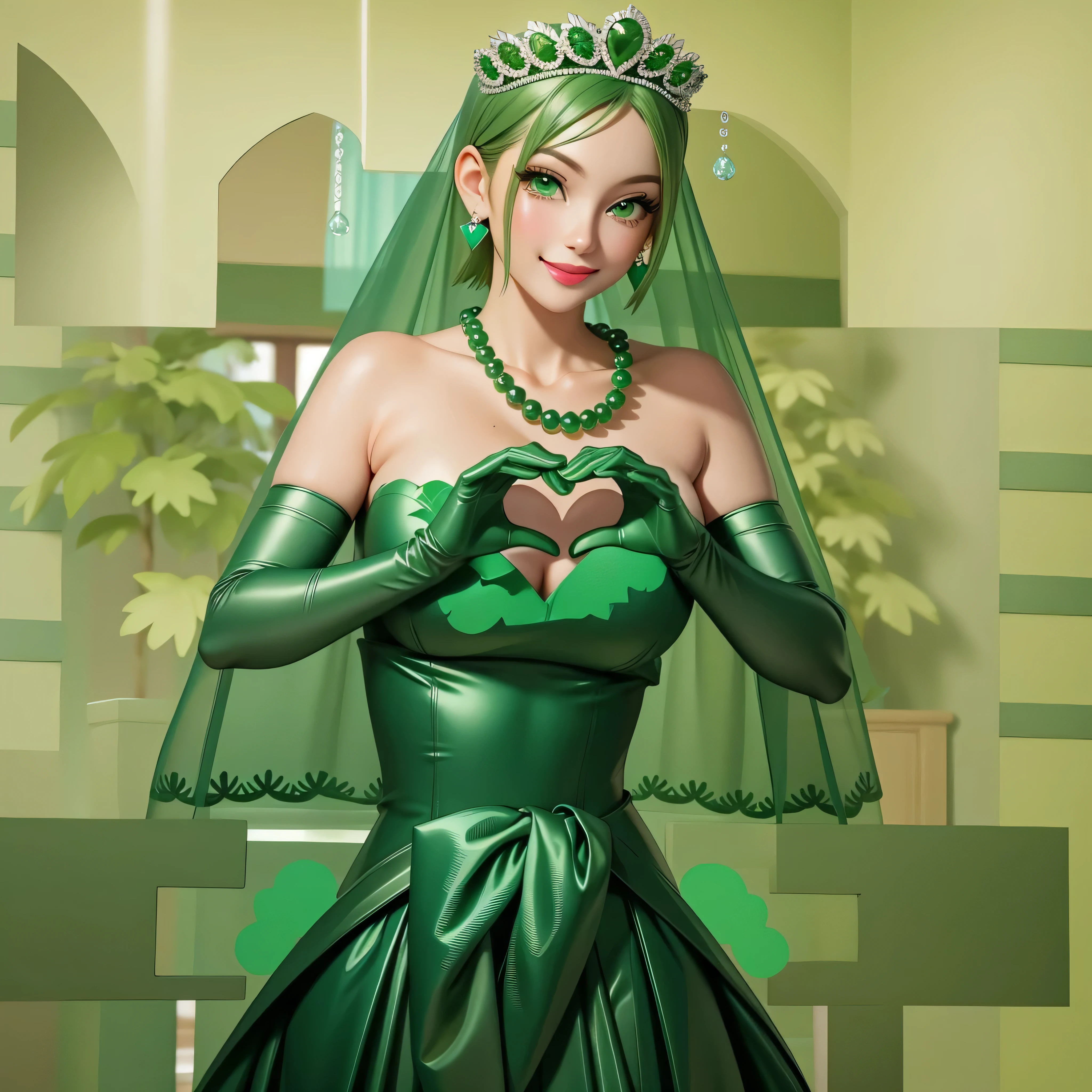 emerald tiara, Green Pearl Necklace, Boyish very short green hair, Green Lips, Smiling Japanese woman, Very short hair, Busty beautiful lady, Green Eyes, Green satin long gloves, Green Eyes, Emerald Earrings, Green veil, Heart with both hands, Green Hair, Beautiful Japanese Woman, Heart shaped hands:1.3, green lip gloss