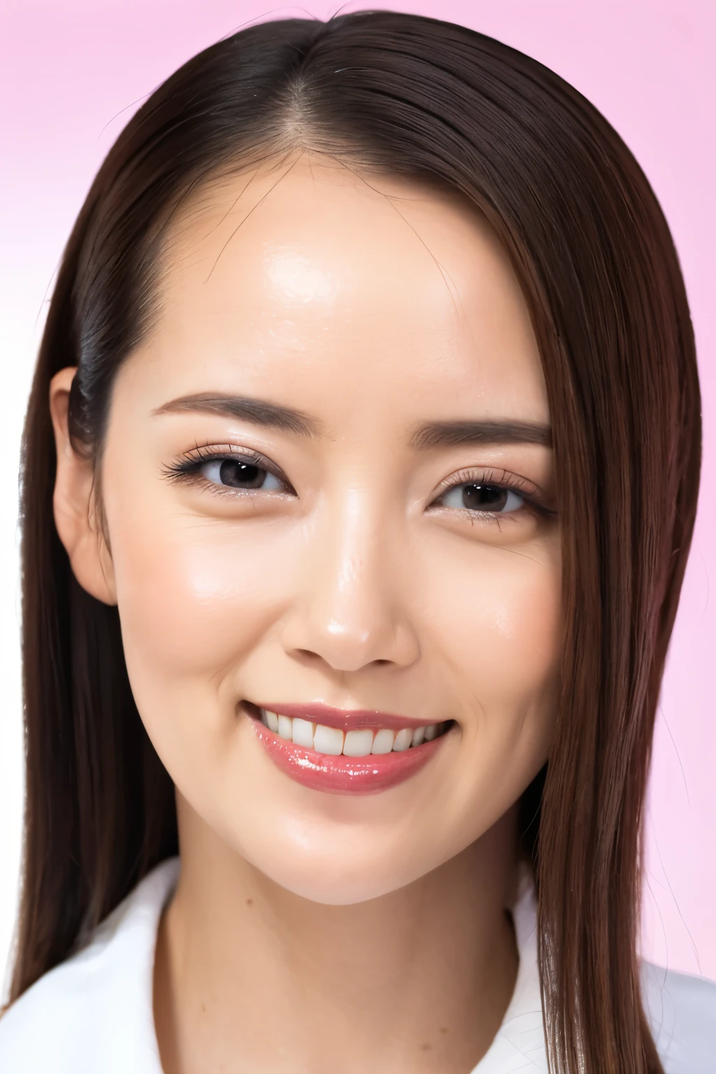 (Highest quality、Tabletop、8K、Best image quality、Award-winning works)、One beautiful woman、Age 25、Perfect beautiful composition、The biggest smile to see me、Perfect Makeup、Lustrous and bright lips、Accurate anatomy、(Face close-up:1.3)、Ultra-high definition beauty face、Ultra HD Hair、Ultra high quality moisturizing eye、(Ultra-high resolution glossy skin:1.1)、Super high quality glossy lip、(Pale pink plain background:1.1)