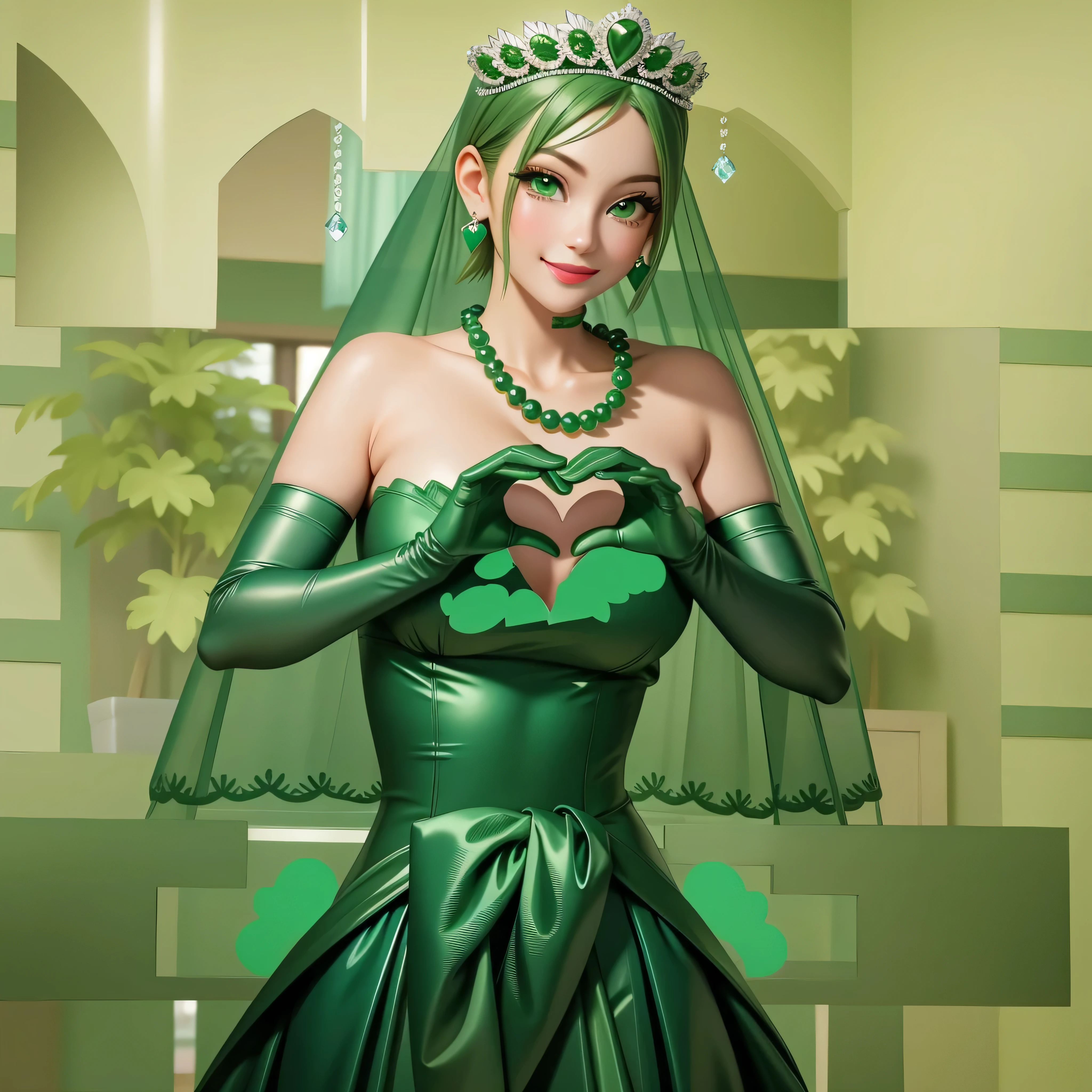 emerald tiara, Green Pearl Necklace, Boyish very short green hair, Green Lips, Smiling Japanese woman, Very short hair, Busty beautiful lady, Green Eyes, Green satin long gloves, Green Eyes, Emerald Earrings, Green veil, Heart with both hands, Green Hair, Beautiful Japanese Woman, Heart shaped hands:1.3, green lip gloss