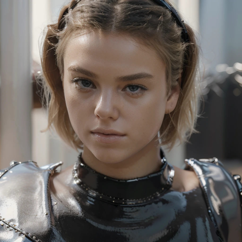 (Masterpiece, best quality, photorealistic, highres, photography, :1.3), close-up shot, sharp focus, (1 girl, hot model), realistic skin, beautiful midriff, slender body shape, big breasts, (side swept short blonde hair, extremely detailed hair), delicate sexy face like Milly Alcock, sensual gaze, ((wearing black pvc turtleneck dress)), pose on knees and hands, ((realistic, super realistic, realism, realistic detail))
