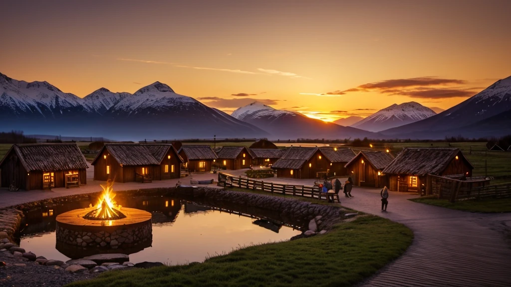 A tranquil Viking village at sunset, with traditional wooden longhouses, a central fire pit, and villagers peacefully going about their evening routines. The sun sets behind the mountains, casting a warm, golden glow over the scene