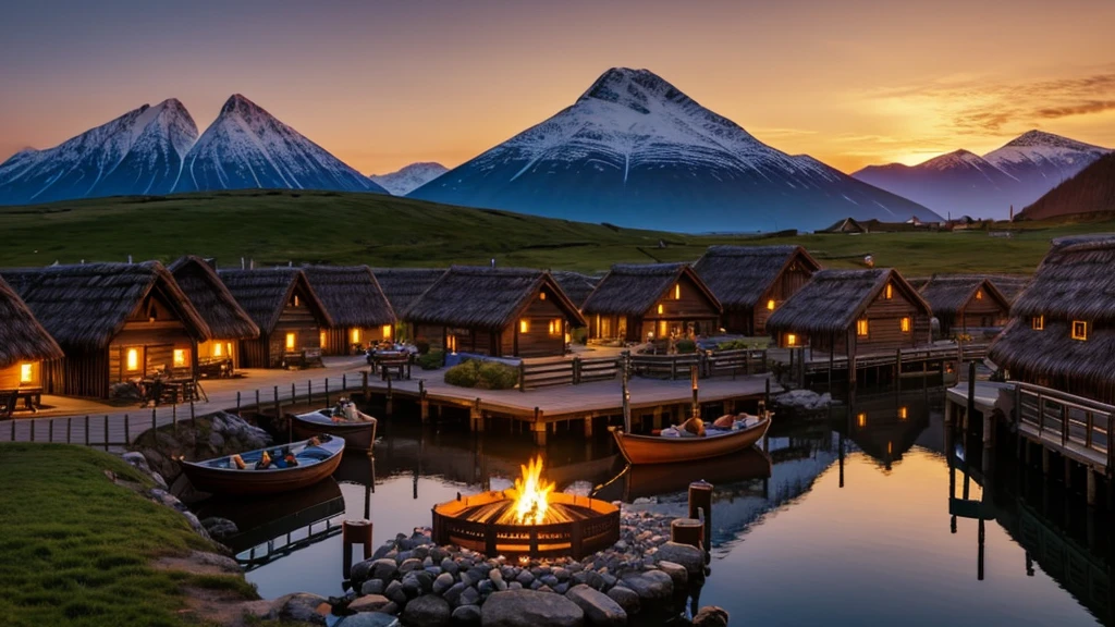 A tranquil Viking village at sunset, with traditional wooden longhouses, a central fire pit, and villagers peacefully going about their evening routines. The sun sets behind the mountains, casting a warm, golden glow over the scene