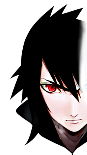 black and white image art, best quality, ultra-detailed, illustration, Sasuke Uchiha A black-haired, black-eyed man looks at the camera with a serious look on his face.
