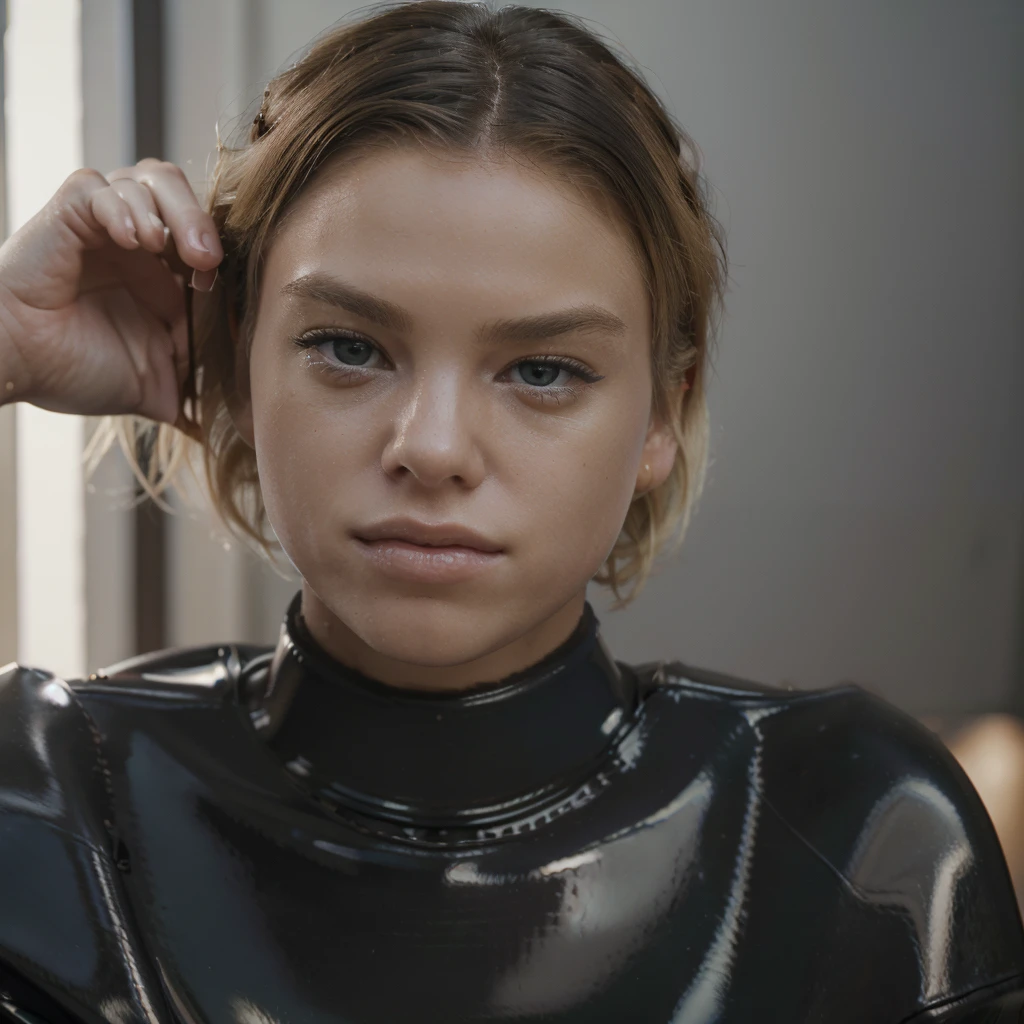 (Masterpiece, best quality, photorealistic, highres, photography, :1.3), close-up shot, sharp focus, (1 girl, hot model), realistic skin, beautiful midriff, slender body shape, big breasts, (side swept short blonde hair, extremely detailed hair), delicate sexy face like Milly Alcock, sensual gaze, ((wearing black pvc turtleneck dress)), pose on knees and hands, ((realistic, super realistic, realism, realistic detail))
