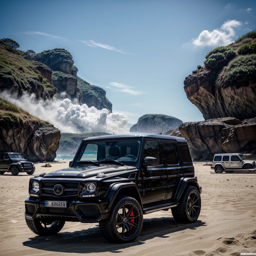 group, men, elite, muscular, brotherhood, Black Brabus, Brabus G Wagon, Mercedes, surfboards in the background, (brotherhood, group of elite men) muscular, sporty, rich, luxury, beach, sun, fitness,