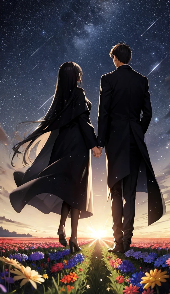 Starry Sky，Animated scene of a couple standing in a flower field,Back view，I can't see facial expressions，The man is wearing a long black coat，The woman is wearing a white long coat