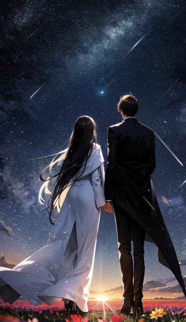 Starry Sky，Animated scene of a couple standing in a flower field,Back view，I can't see facial expressions，The man is wearing a long black coat，The woman is wearing a white long coat